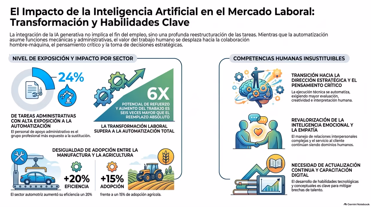 Infographic: the impact of artificial intelligence on the labour market — exposure by sector, the 6× reinforcement potential versus full automation, and the indispensable human skills.